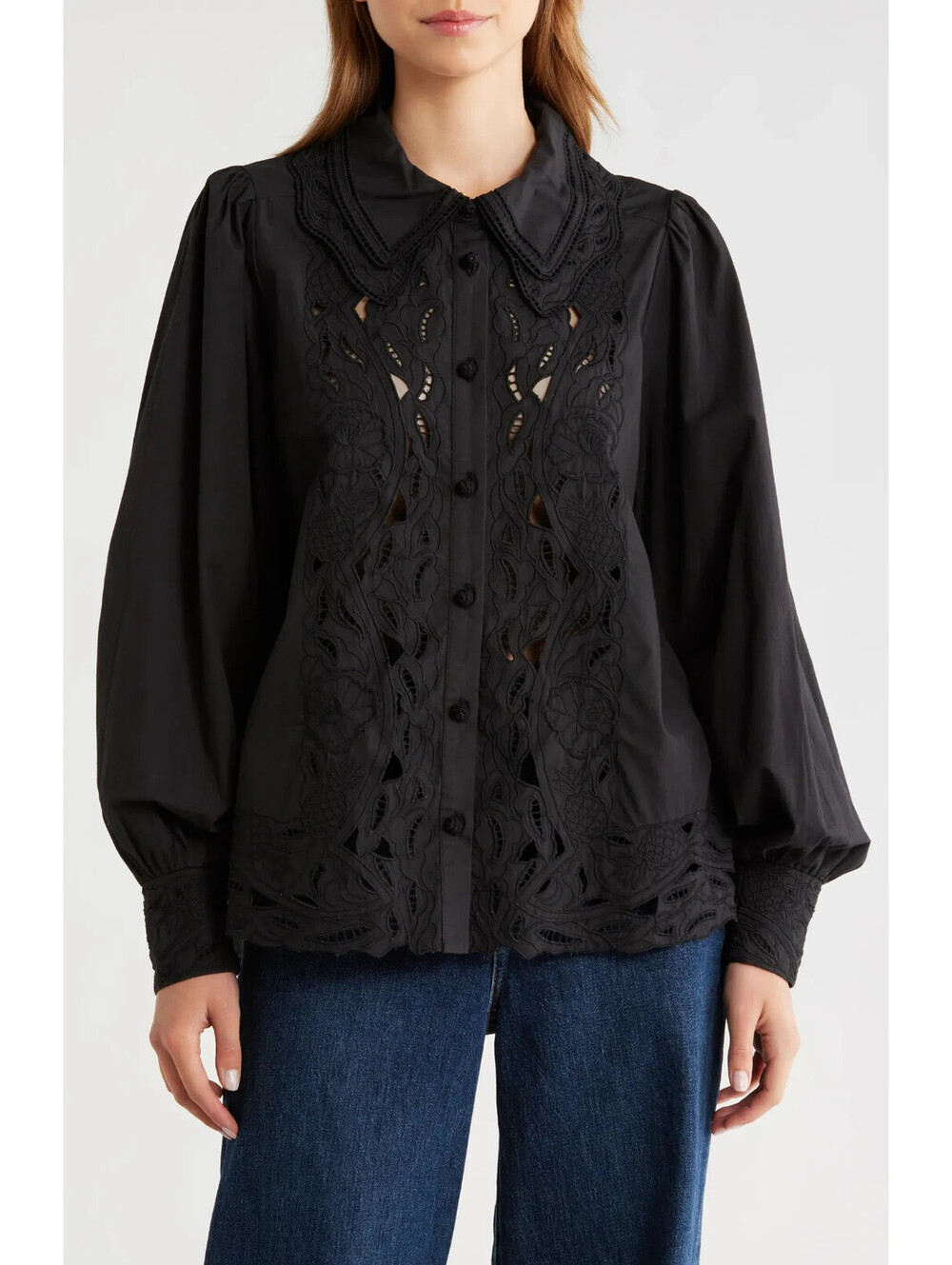 NEW, FARM RIO Embroidered Eyelet Puff Sleeve Button-Up Shirt Black Sz L #T4113